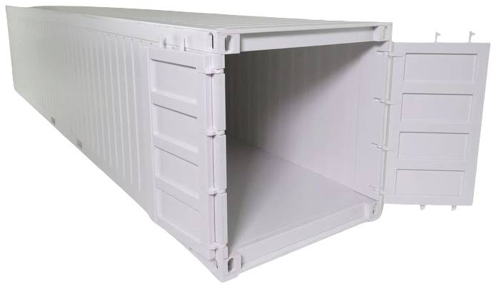 Leerer, geöffneter weißer Frachtcontainer, perspektivisch von vorne rechts sichtbar. Türen auf der rechten Seite.