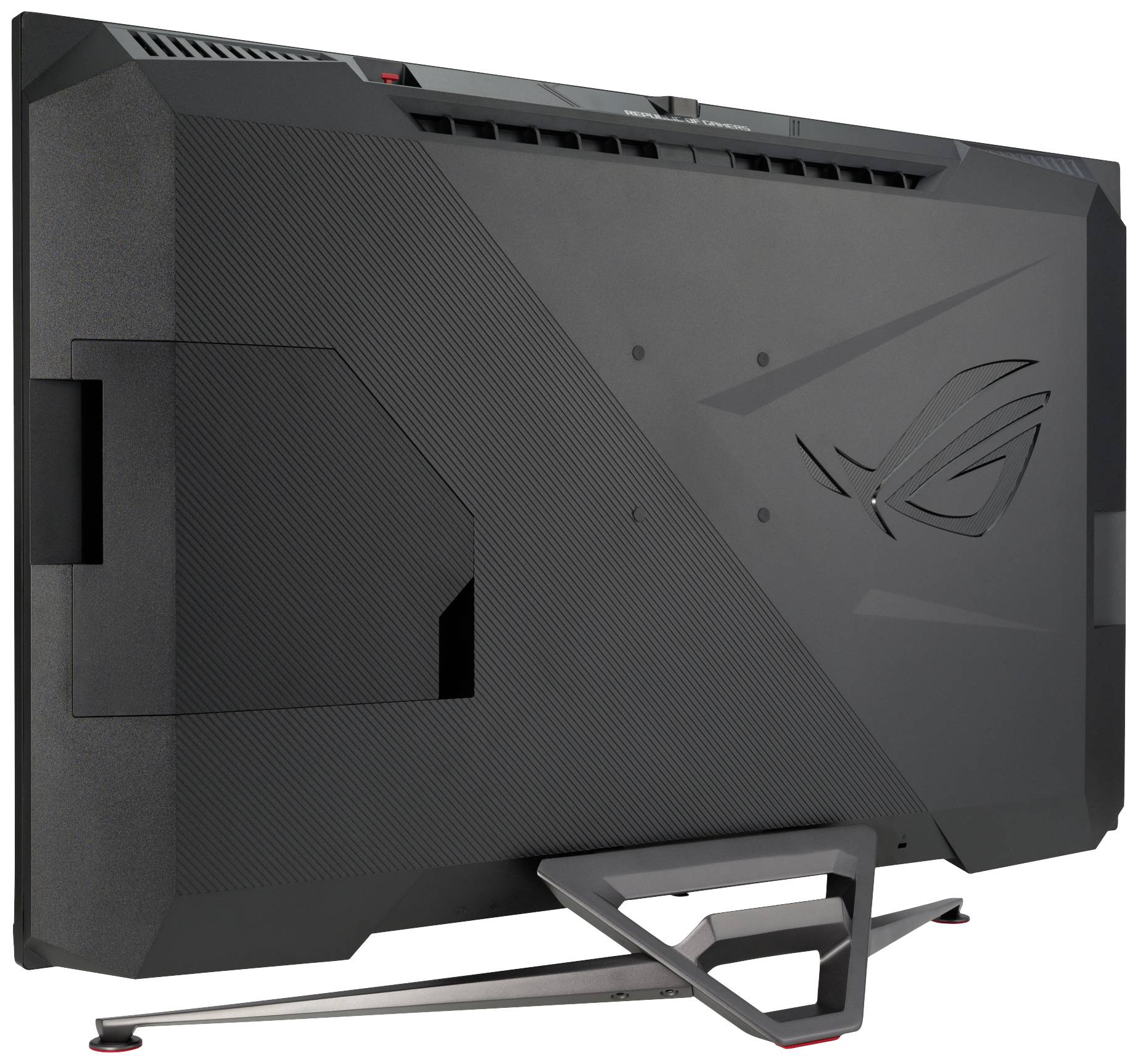 'Sicht von hinten auf einen Gaming-Monitor mit schwarzem, futuristischem Design und Schrägstrukturen, steht auf einem stabilen Standfuß.'