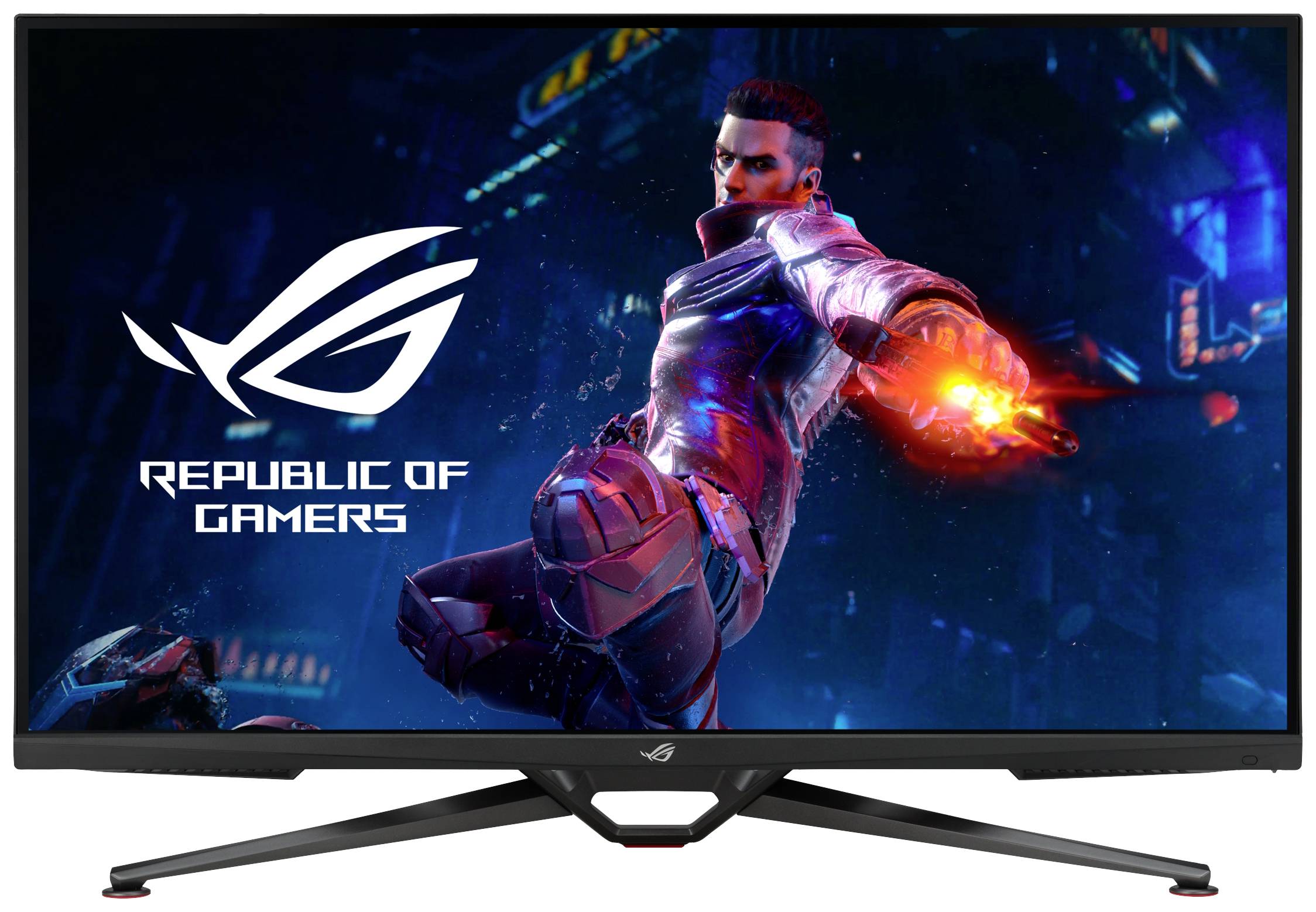 Ein Monitor mit dem 'Republic of Gamers'-Logo und einem Sci-Fi-Charakter in futuristischer Stadt. Highlight: dynamische Gaming-Darstellung.