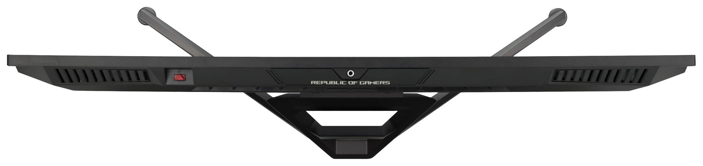 Ein Computer-Monitor von der Seite mit einer Grafik 'Republic of Gamers' in der Mitte und zwei Antennenartigen Strukturen oben.