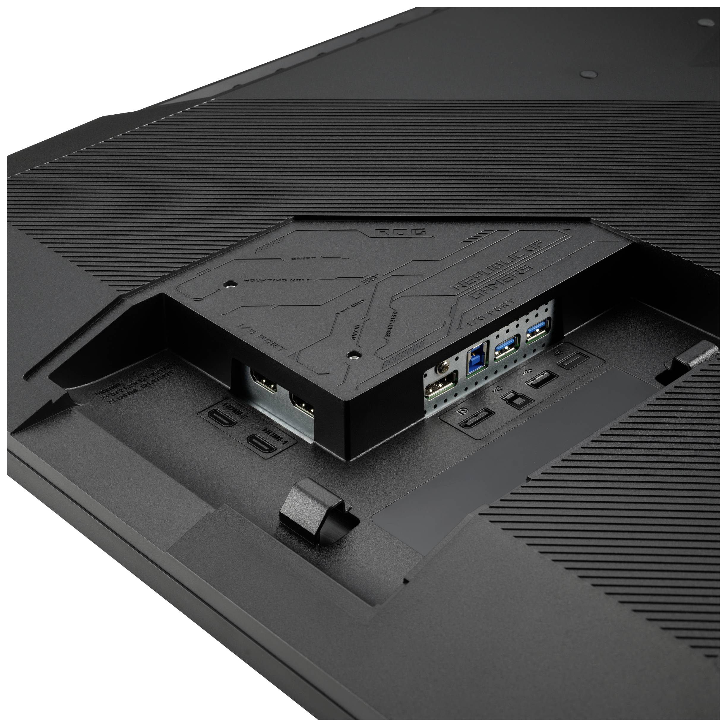 Rückseite eines Monitors mit freigelegten Anschlüssen: HDMI, DisplayPort, USB. Sichtbare Abdeckung und Lüftungsgitter.