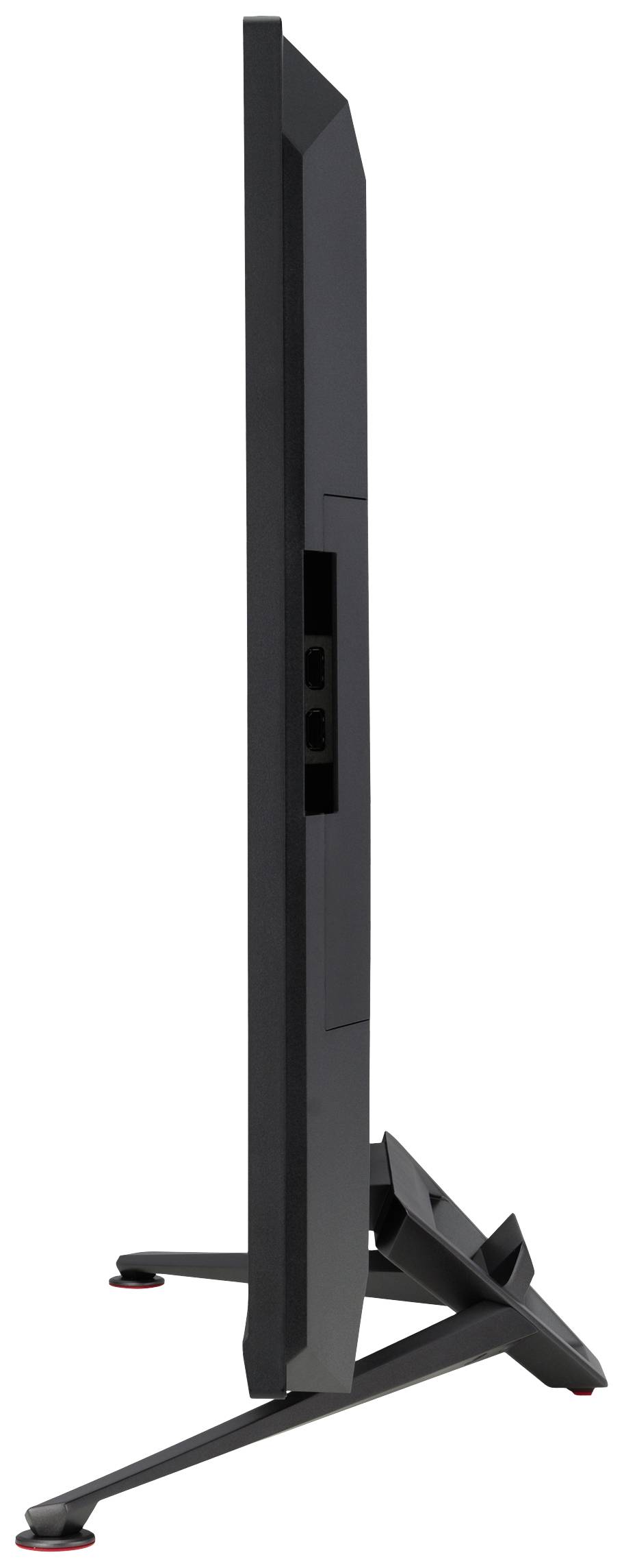 Seitenansicht eines schlanken, schwarzen Computermonitors auf einem Standfuß.