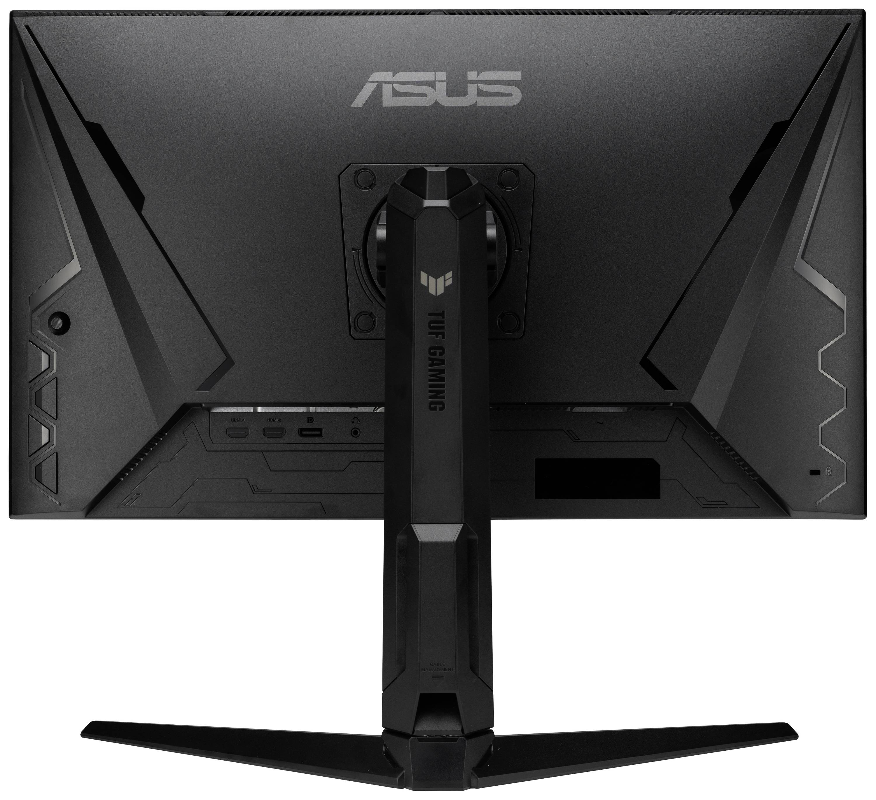 Rückansicht eines ASUS TUF Gaming Monitors, schwarz, zeigt Anschlussmöglichkeiten und Standfußdesign.