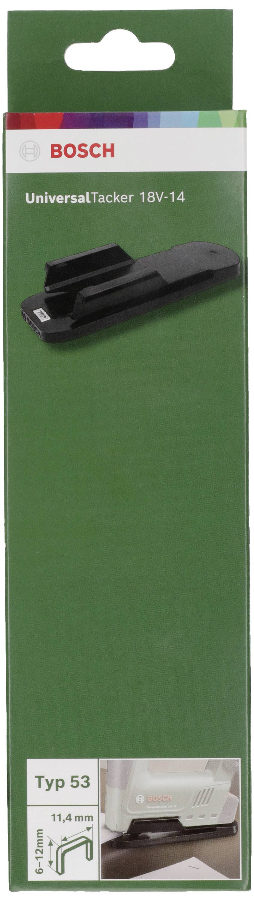 Verpackung eines Bosch Universal Tackers 18V-14. Zeigt das Gerät und hebt Besonderheiten hervor, darunter Klammergröße Typ 53, 11,4 mm.