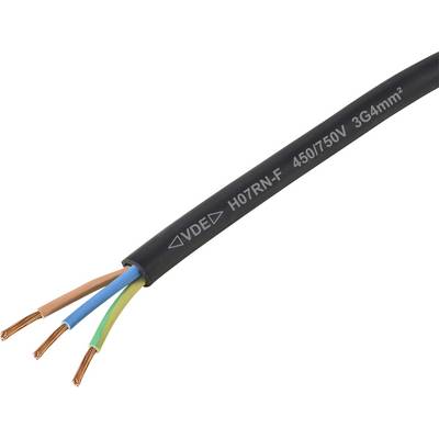 Ein schwarzes elektrisches Kabel mit drei freigelegten Kupferdrähten in Blau, Braun und Grün. Das Kabel ist mit der Bezeichnung 'VDE H07RN-F 450/750V 3G4mm²' gekennzeichnet.