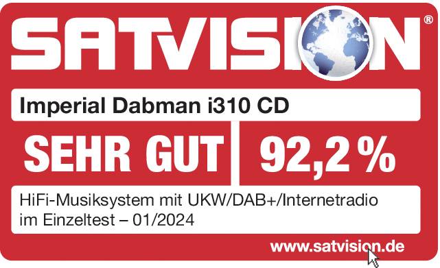 'Testergebnis von Satvision für Imperial Dabman i31 CD: Sehr gut, 92,2%. HiFi-Musiksystem mit UKW/DAB+/Internetradio, Einzeltest 01/2024.'