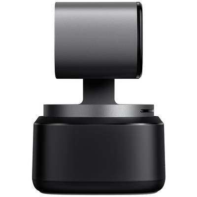 Ein schwarzes, modernes Webcam-Gerät mit einem drehbaren Kopf, geeignet für den Einsatz in Videokonferenzen.