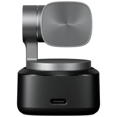 Ein graues, modernes Mikrofon mit schwenkbarem Kopf und USB-C-Anschluss sitzt auf einem schwarzen Sockel.