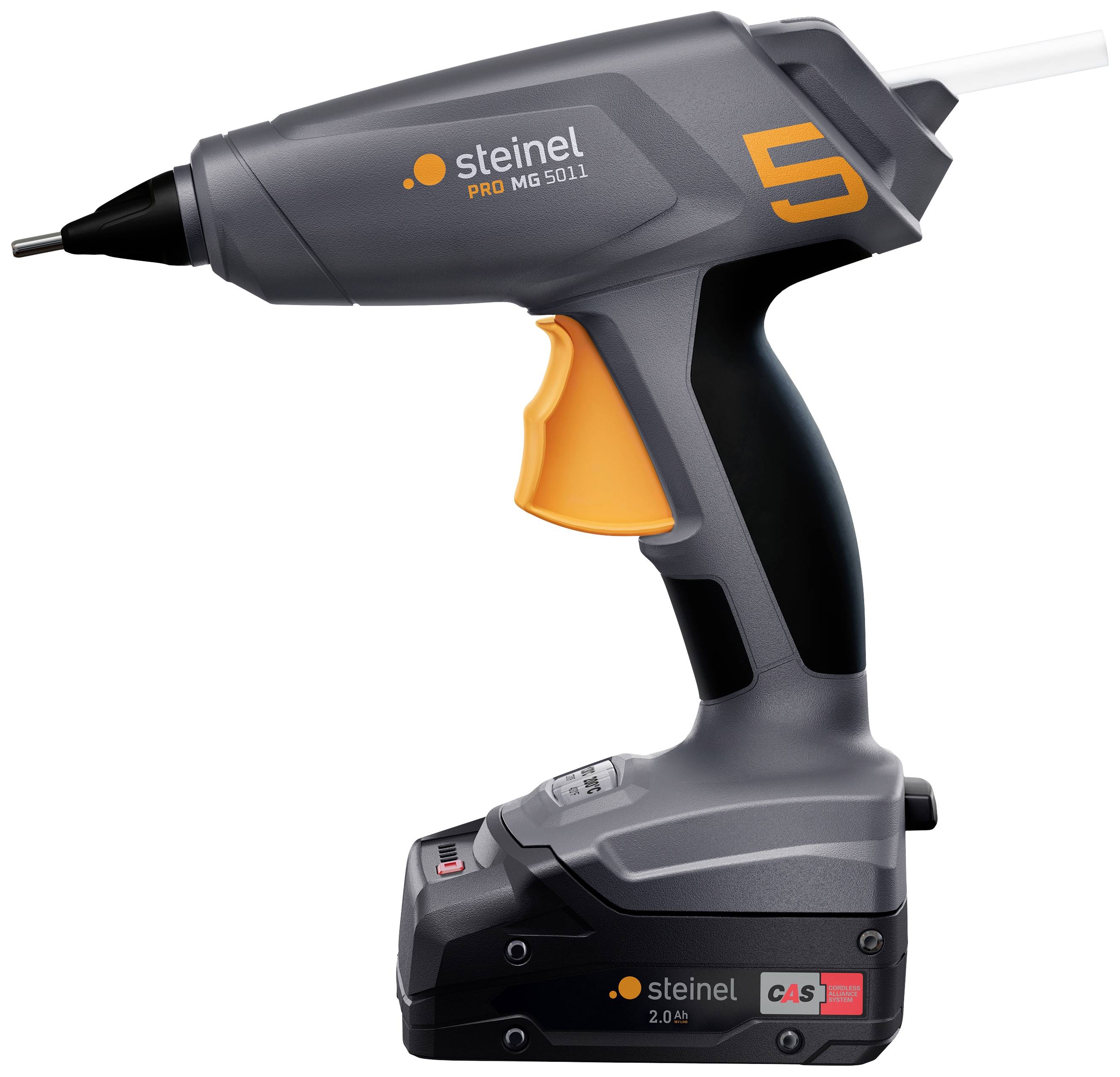Elektrische Heißklebepistole mit Akkubetrieb, graues und oranges Design, Marke 'Steinel' Modell 'PRO MG 5011', ergonomisch geformter Griff.