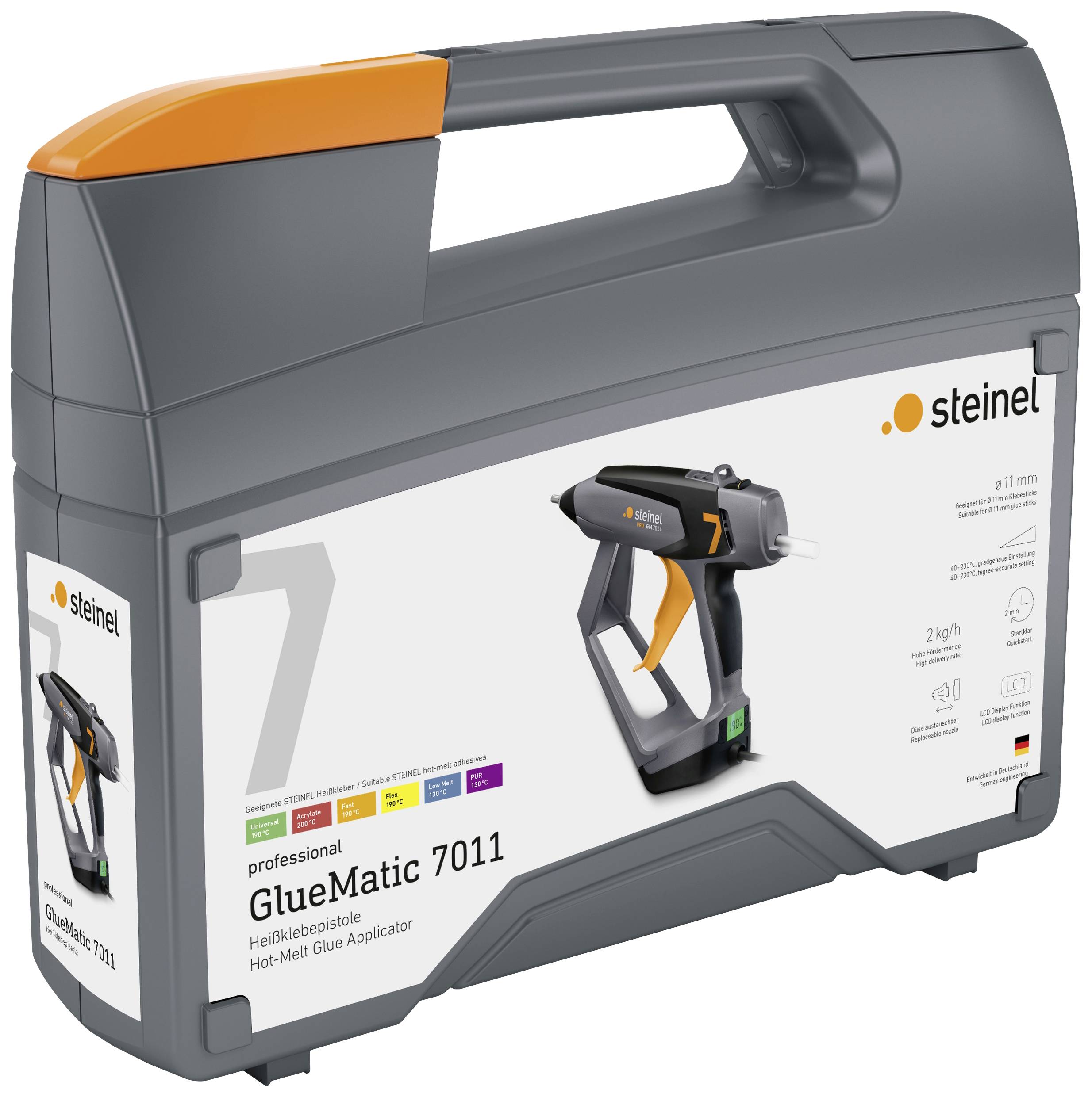 Graue Heißklebepistole der Marke 'Steinel GlueMatic 7011' in einem tragbaren Koffer, hervorgehoben auf der Verpackung in mehreren Sprachen.