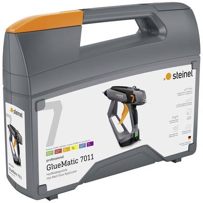 Graue Heißklebepistole der Marke 'Steinel GlueMatic 7011' in einem tragbaren Koffer, hervorgehoben auf der Verpackung in mehreren Sprachen.