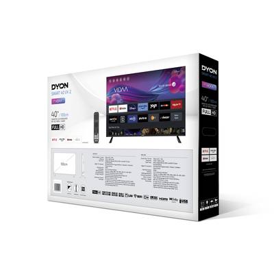 Ein Fernseherkarton für 'DYON SMART 40 XT 2' zeigt die Vorderansicht des Fernsehers mit Streaming-Apps wie Netflix, YouTube und Prime Video.