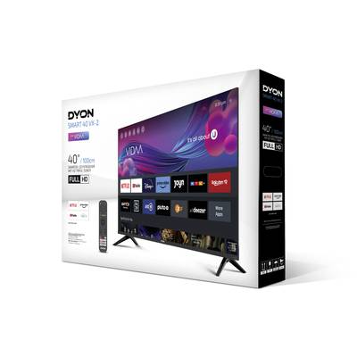 Verpackung eines 40 Zoll Full HD Smart-TVs von Dyon. Der Fernseher zeigt Apps wie Netflix, YouTube und Rakuten TV auf dem Bildschirm.
