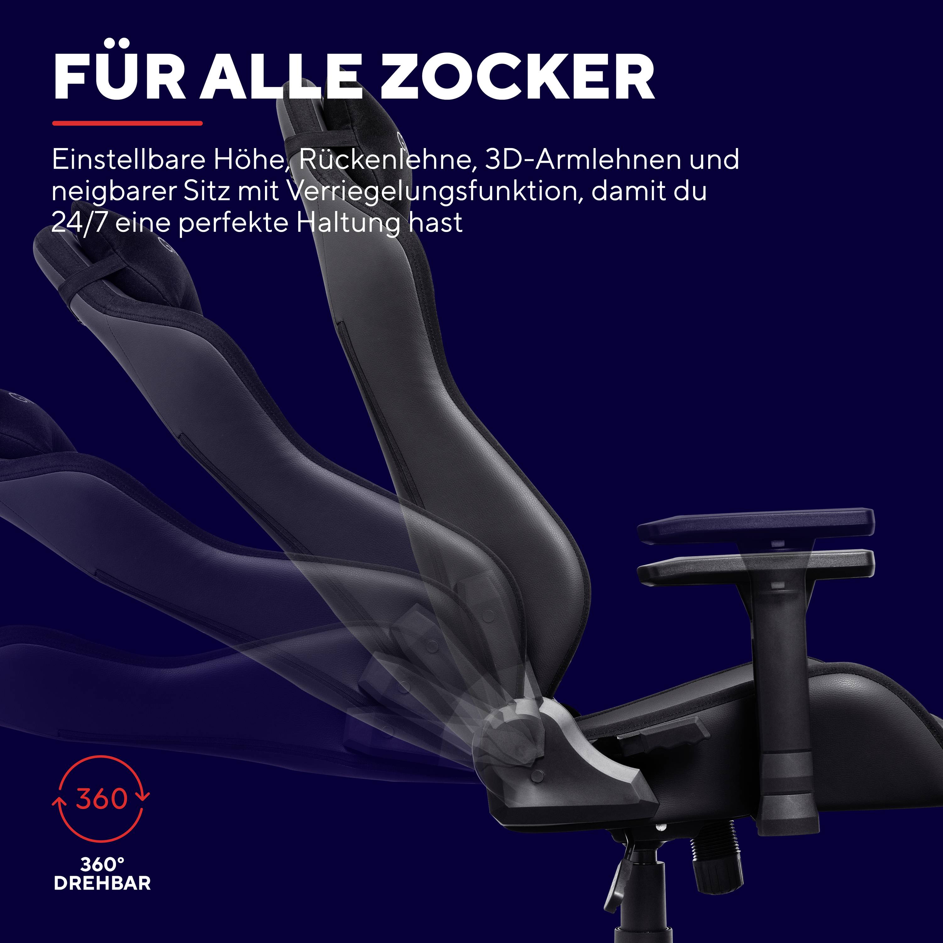 Ein Gaming-Stuhl mit anpassbarer Höhe und Rückenlehne. Bequeme 3D-Armlehnen, betont 'perfekte Haltung'. 360° drehbar.