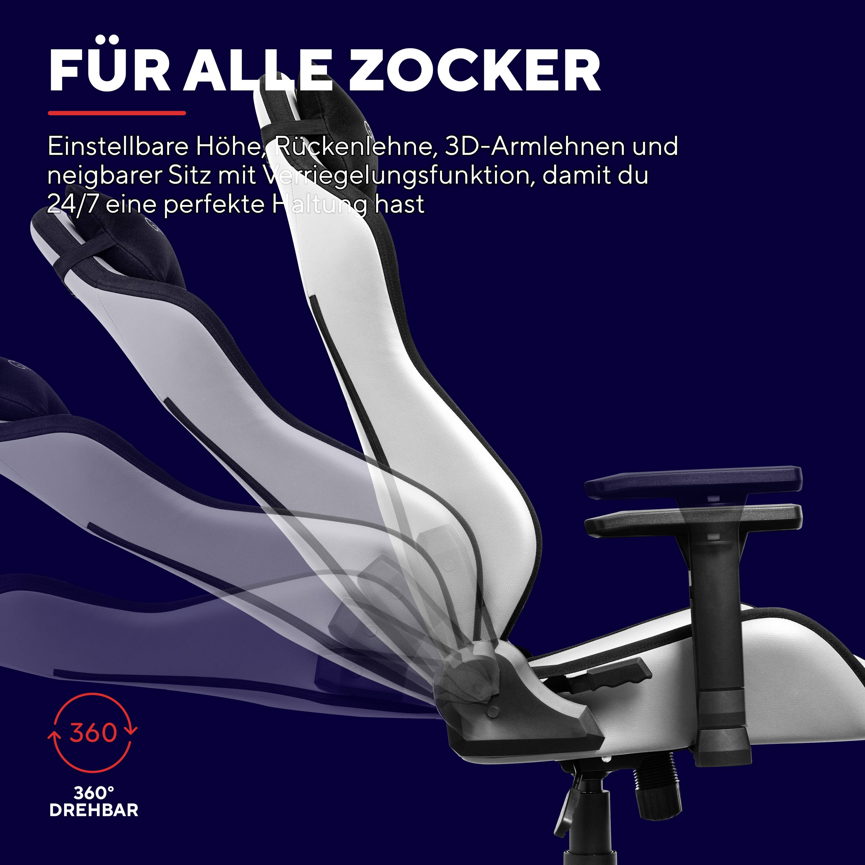 Ein Gaming-Stuhl mit verstellbarer Höhe, Rückenlehne, 3D-Armlehnen und 360°-Drehung fördert eine perfekte Haltung beim Spielen.