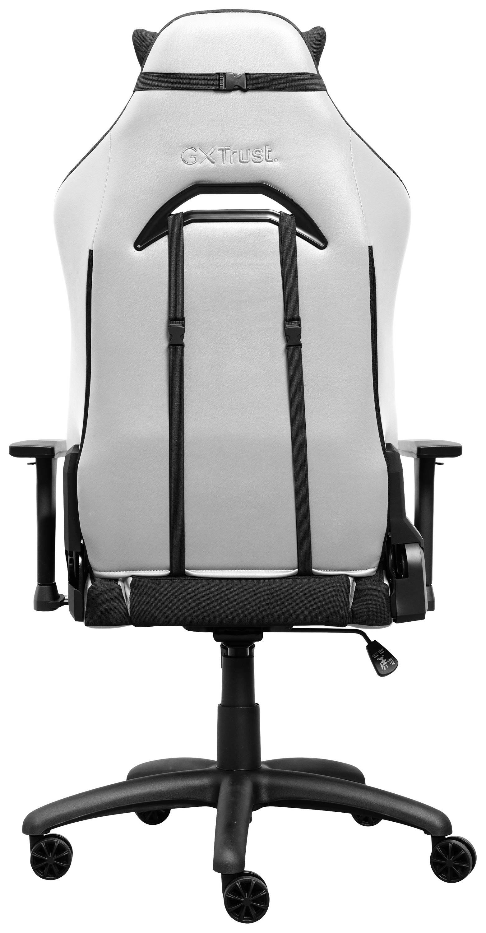 Rückansicht eines weißen Gaming-Stuhls mit schwarzen Details, Armlehnen und Rädern.