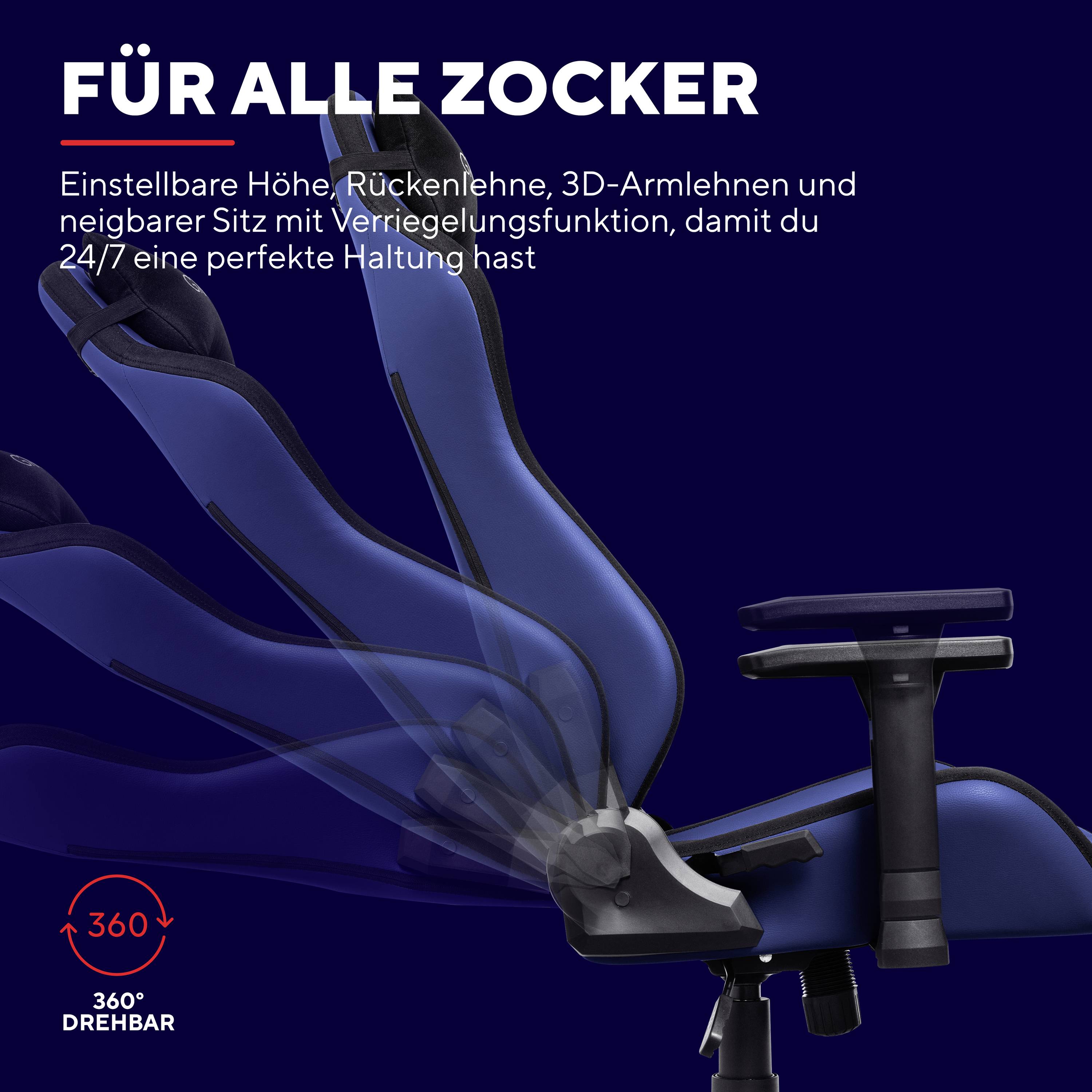 'Für alle Zocker' zeigt ein verstellbarer Gaming-Stuhl mit Armlehnen und 3D-Rückenlehne, betont optimale Haltung und Komfort.