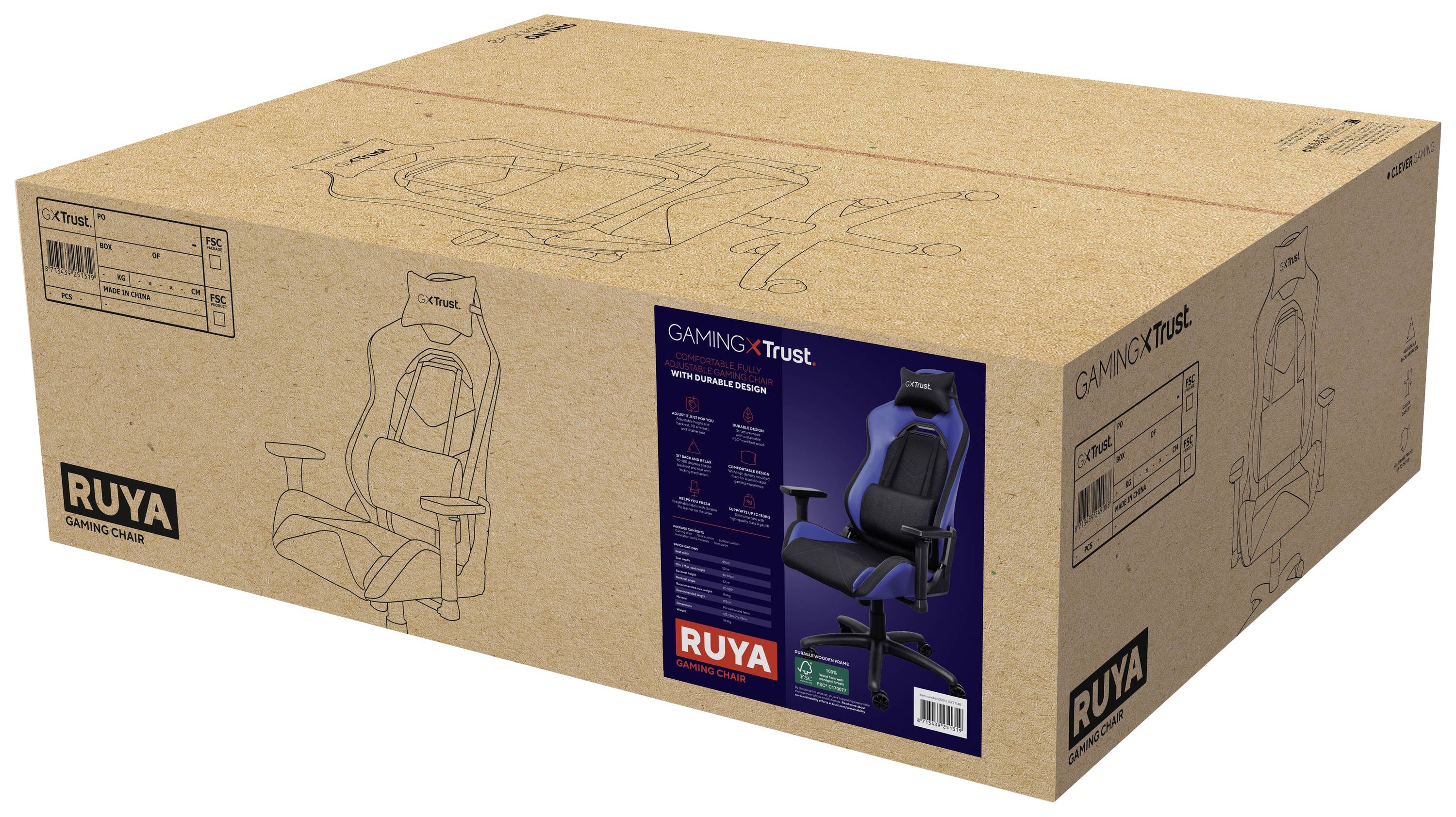 Kartonverpackung eines Gaming-Stuhls, Marke 'Trust', mit Abbildungen und Informationen über das Produkt auf der Vorderseite.
