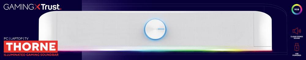 Eine weiße Gaming-Soundbar von "Trust" mit beleuchteter LED-Leiste. Für PC und Laptop konzipiert. Lautstärkeregler in der Mitte.