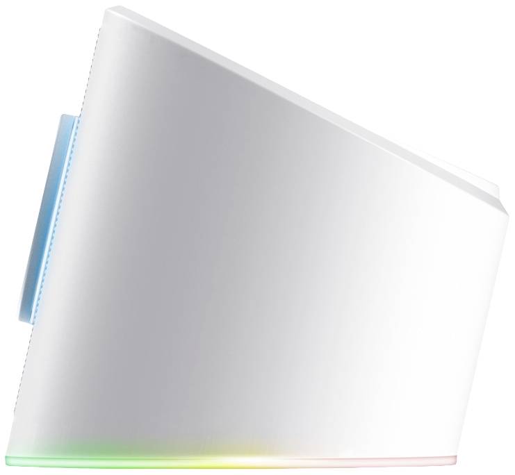 Ein weißes, schräg stehendes elektronisches Gerät mit einem blauen Element an der Seite und einem Regenbogenlicht an der Basis.