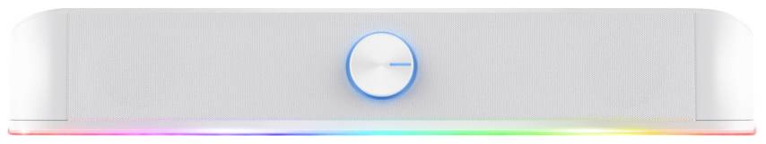 Ein weißes elektronisches Gerät mit einem zentralen blauen Drehknopf und einem regenbogenfarbenen Lichtstreifen an der Unterkante.