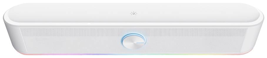 Weiße tragbare Lautsprecherleiste mit zentralem Lautstärkeregler und LED-Leuchten an der Unterseite. Ideal für Musikgenuss unterwegs.