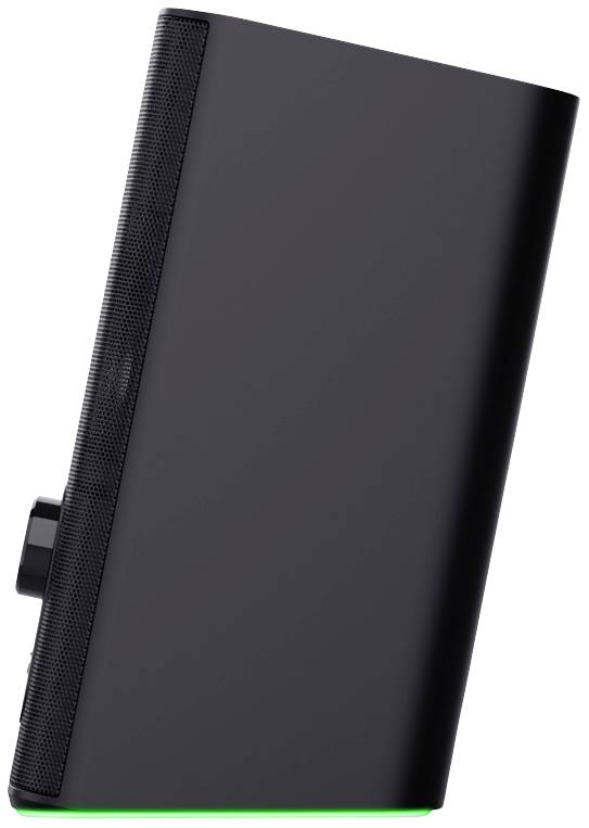 Schwarzer, rechteckiger Lautsprecher mit grünem Leuchtrand an der Unterseite und einem Drehknopf an der Seite, seitliche Ansicht.