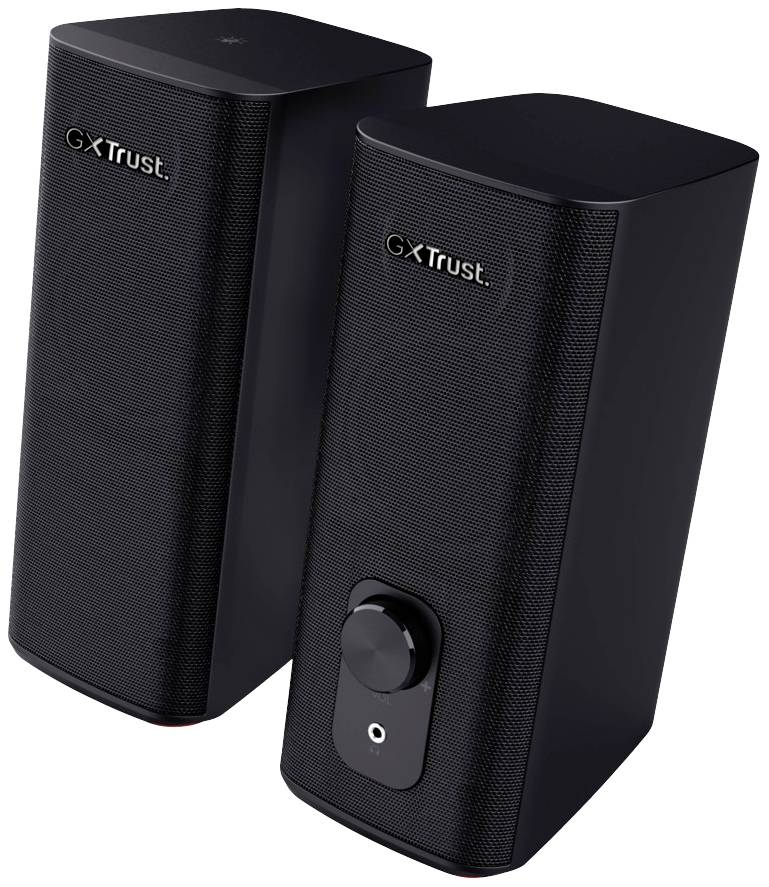 Zwei schwarze Lautsprecher mit der Aufschrift 'GXT Trust', einer mit Lautstärkeregler und Kopfhöreranschluss.