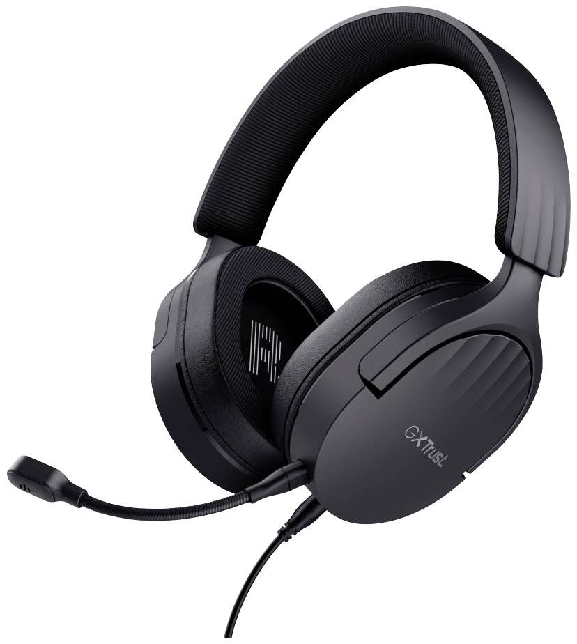 Schwarzes Gaming-Headset mit flexiblem Mikrofonarm. Geeignet für PC- und Konsolenspiele. Markenname 'GXT Trust' auf der Seite.