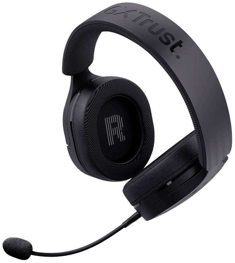 Schwarzes Gaming-Headset mit Mikrofonarm, markiert mit 'GXT Trust' am Bügel. Design ist modern und ergonomisch.