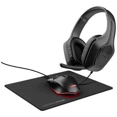 Gaming-Headset mit Mikrofon, schwarze Maus mit rotem Licht und Mauspad. Ideal für PC-Gaming-Setups, fokussiert auf Audio und Präzision.