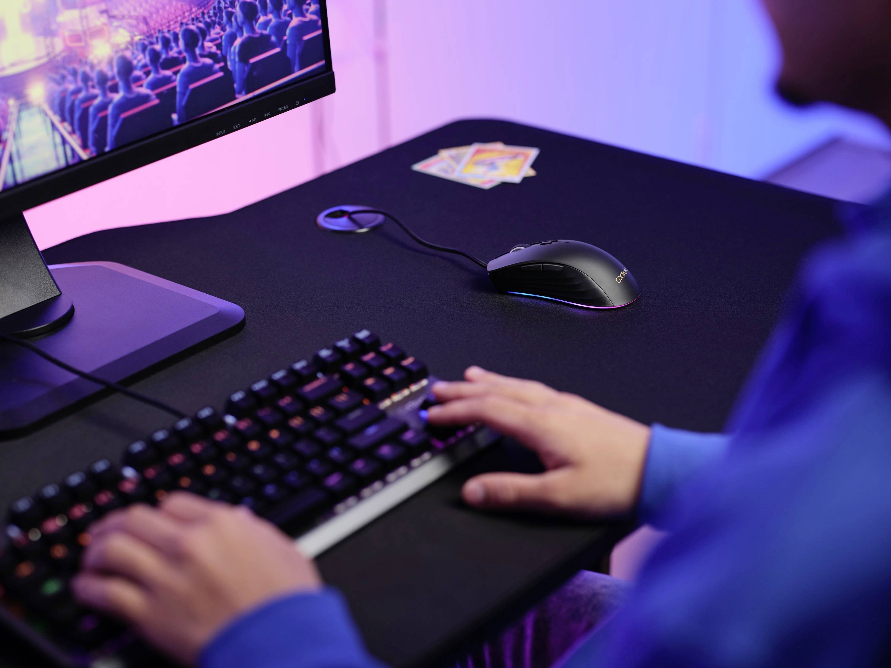 Person am Computer, tippt auf Tastatur. Auf Bildschirm ein buntes Bild, möglicherweise ein Film oder Spiel. Maus und Karten in der Nähe.