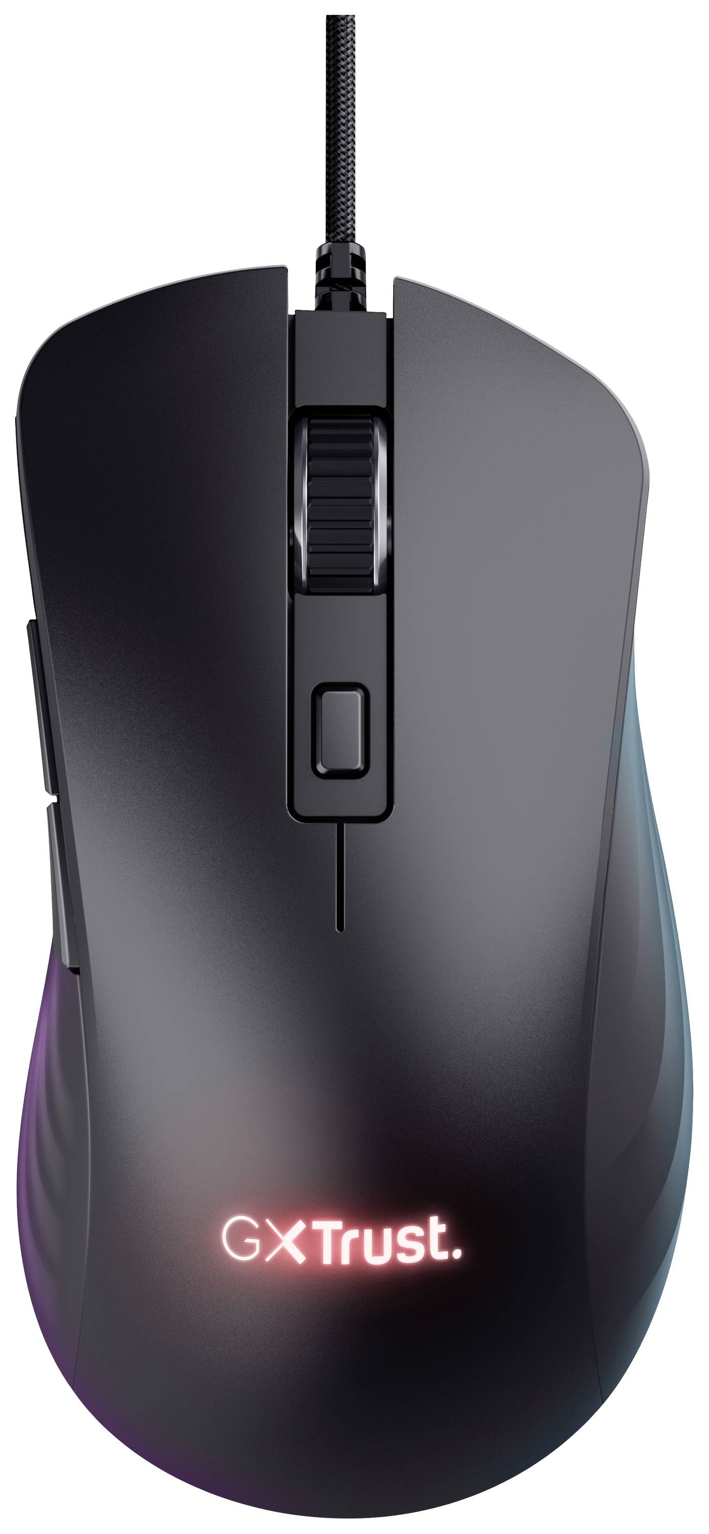 Schwarze Gaming-Maus mit Kabel, beleuchteter Schriftzug 'GX Trust'. Ergonomisches Design mit seitlichen Tasten und Scrollrad.