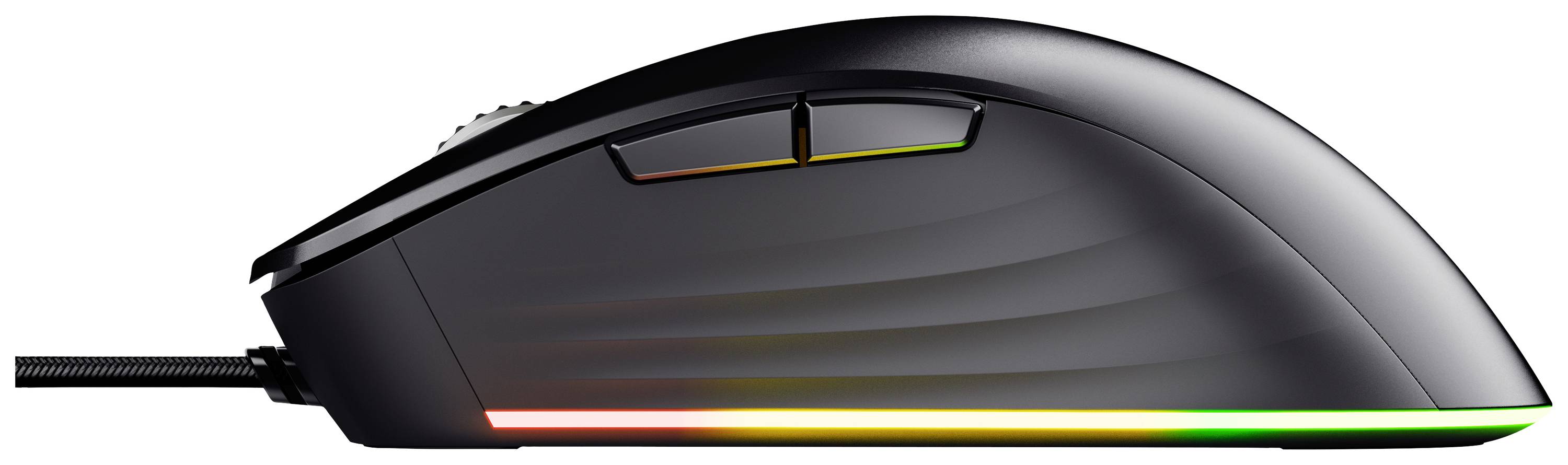 Schwarze Gaming-Maus von der Seite mit RGB-Beleuchtung und zwei Daumentasten.