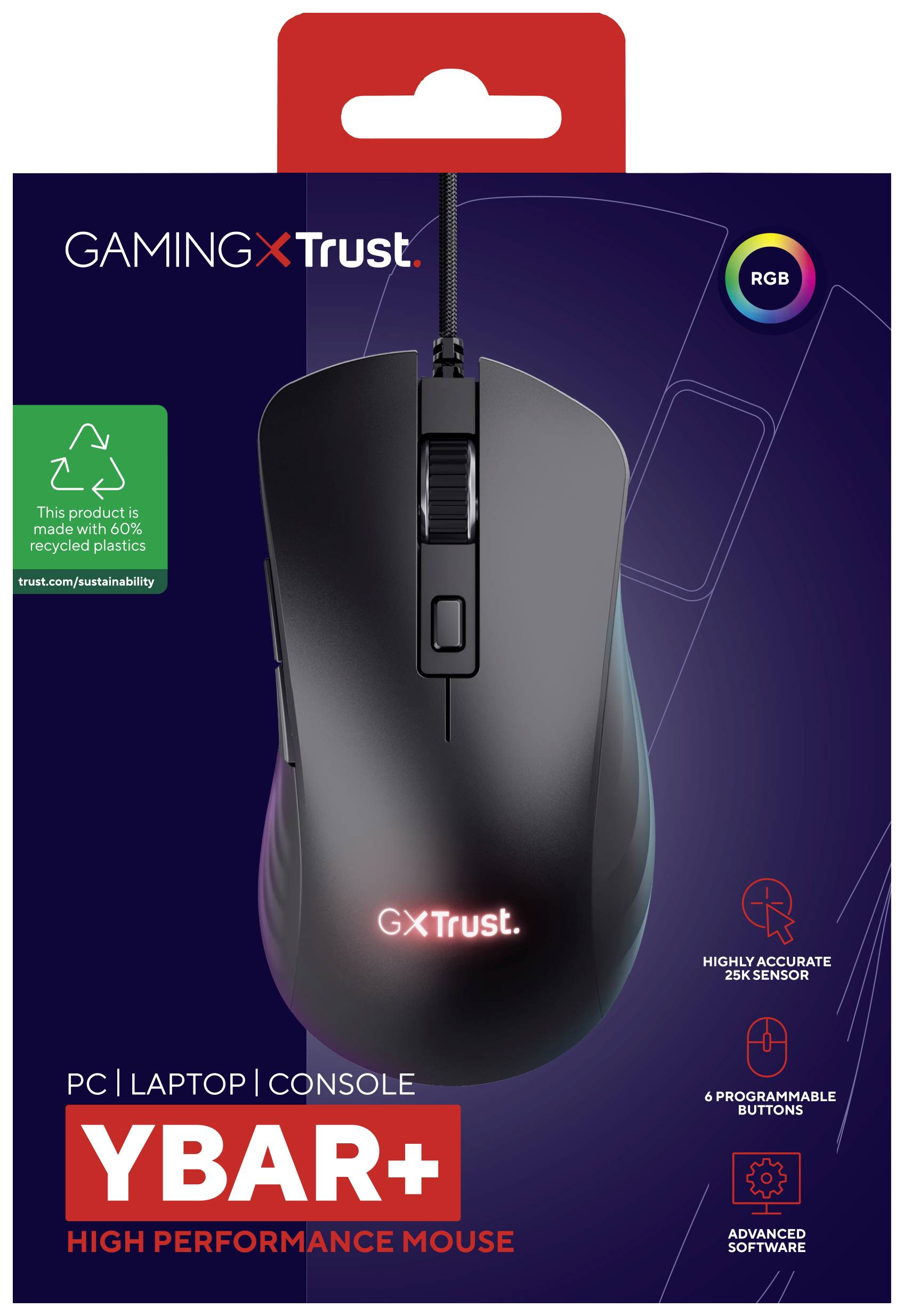 Gaming-Maus von Trust auf Verpackung. Hervorgehobene Funktionen: RGB-Beleuchtung, hochpräziser Sensor, programmierbare Tasten. Kompatibel mit PC, Laptop und Konsole.
