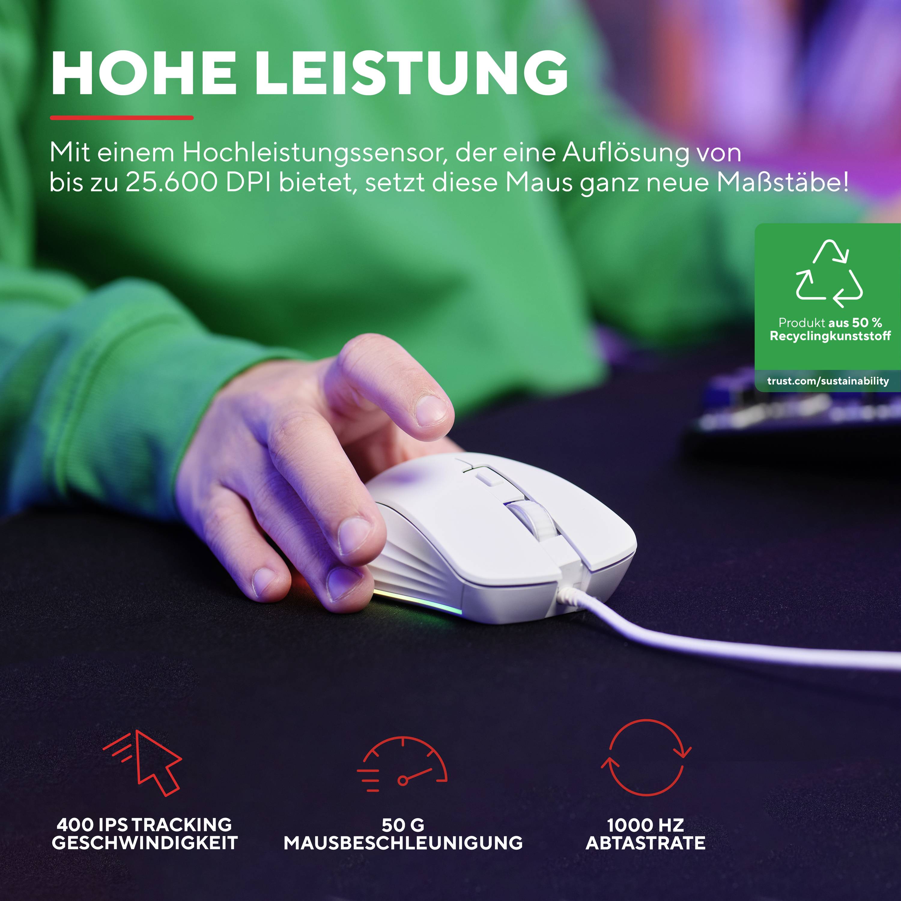 Eine Person hält eine weiße Maus mit einem Sensor von 25.600 DPI. Text: 'HOHE LEISTUNG'. Eigenschaften: 400 IPS, 50 G Beschleunigung, 1000 Hz Abtastrate.