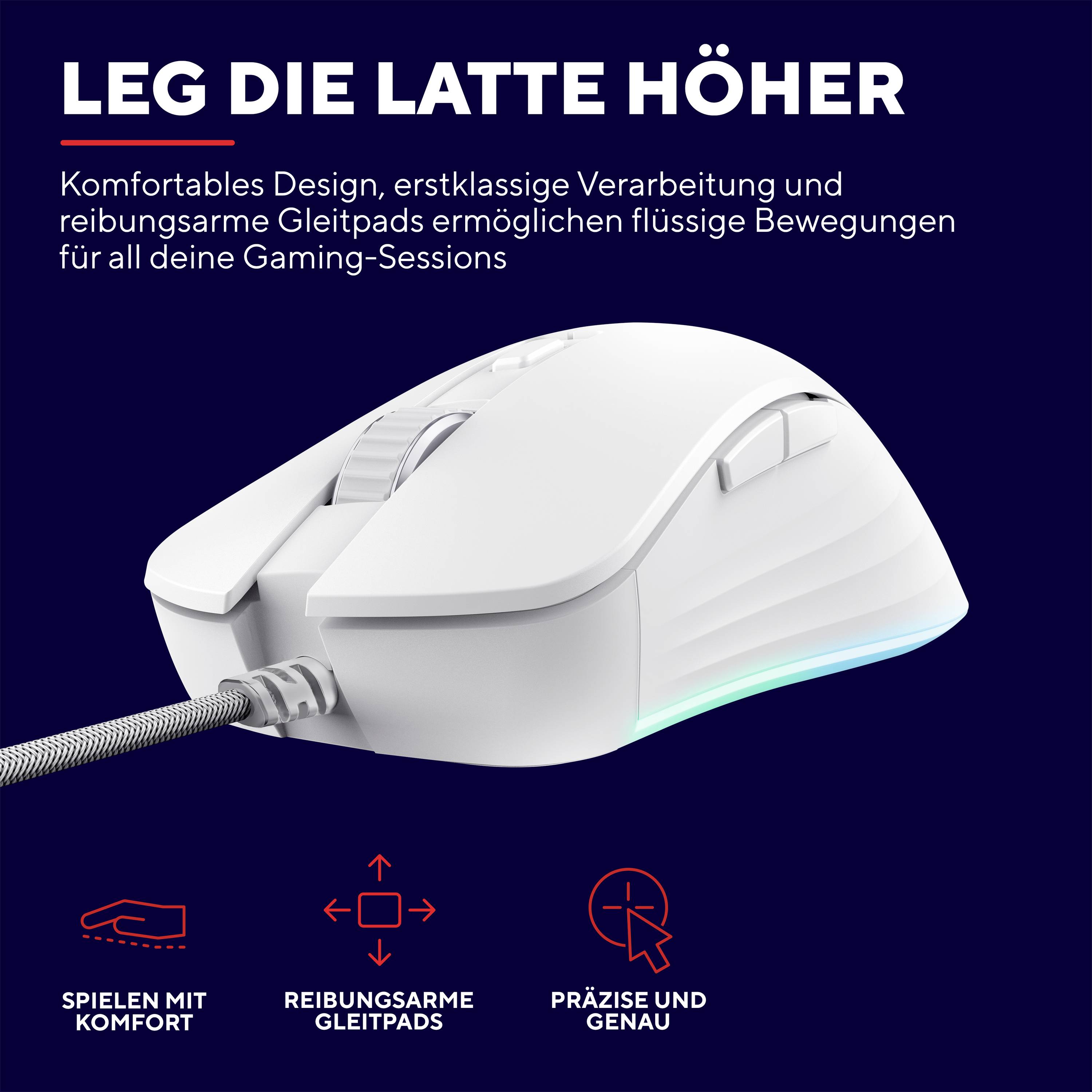 Weiße Gaming-Maus mit ergonomischem Design und Beleuchtung, beworben für Komfort und Präzision, geeignet für flüssige Gaming-Bewegungen.