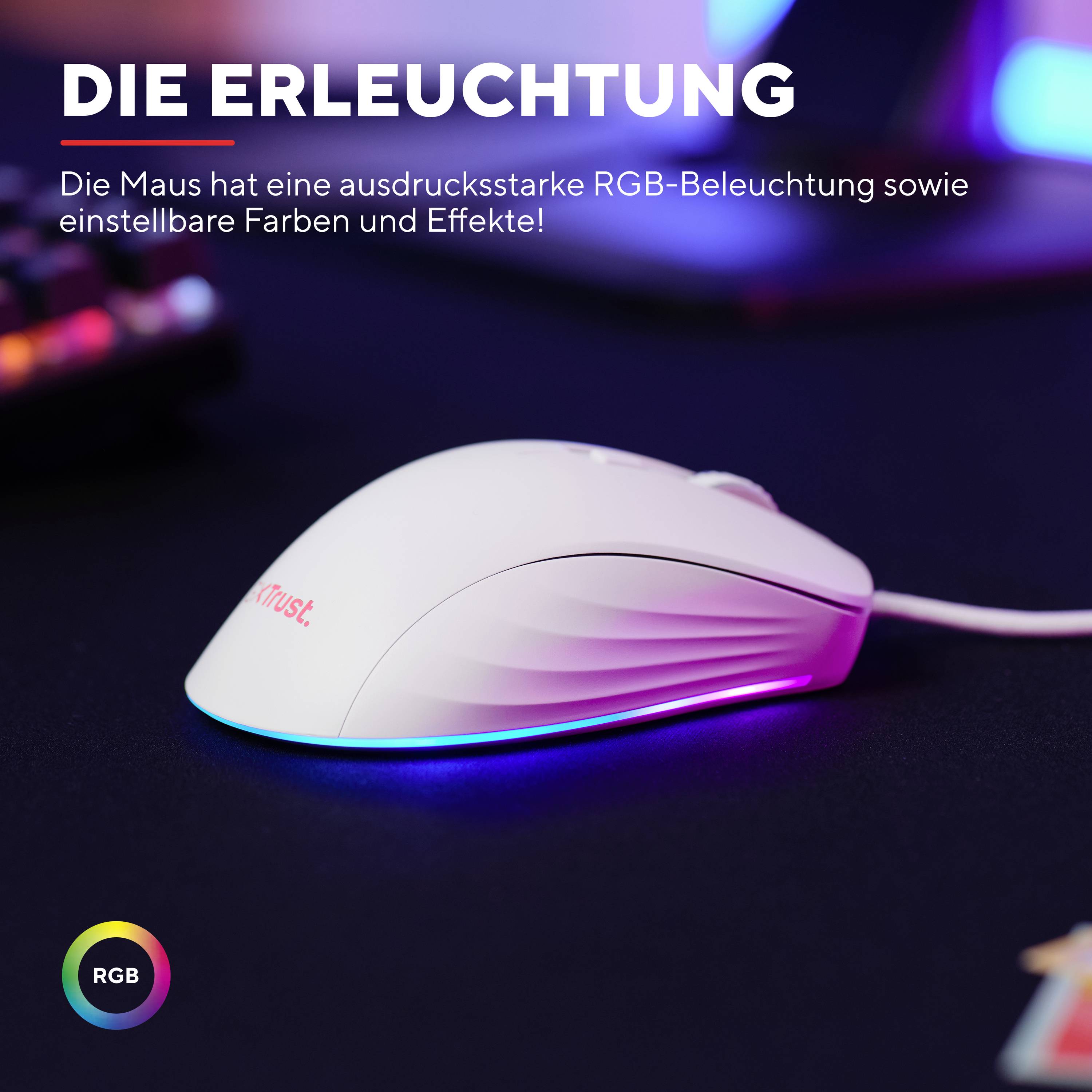 Eine weiße Computermaus mit RGB-Beleuchtung. Oben steht der Text 'Die Erleuchtung: Die Maus hat ausdrucksstarke RGB-Beleuchtung'.
