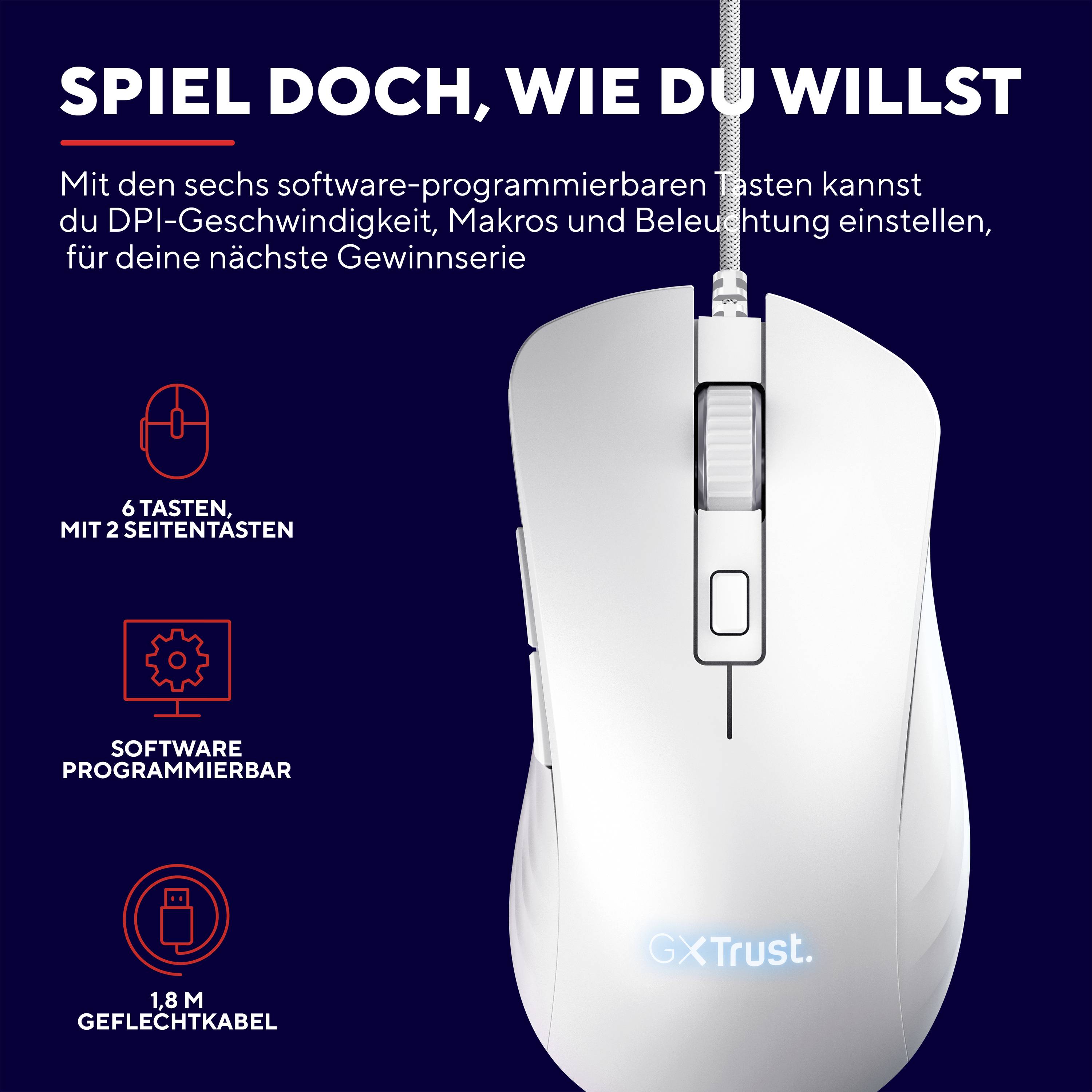 'Weiße Gaming-Maus mit Trust-Logo, sechs Tasten, zwei seitlich. Kabelgebunden, programmierbar für Gaming-Einstellungen.'