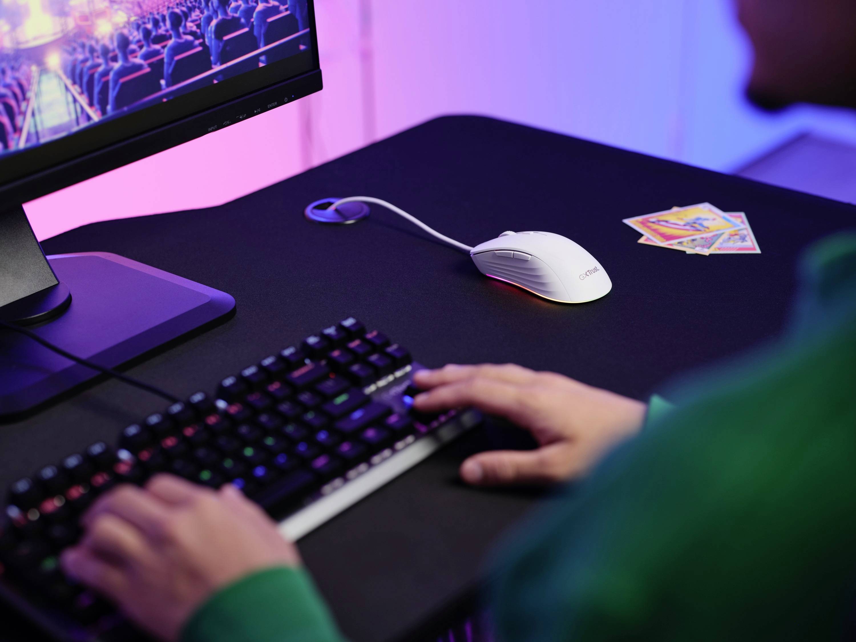 Eine Person tippt auf einer Tastatur vor einem Monitor. Auf dem Tisch liegen eine weiße Maus und bunte Karten.