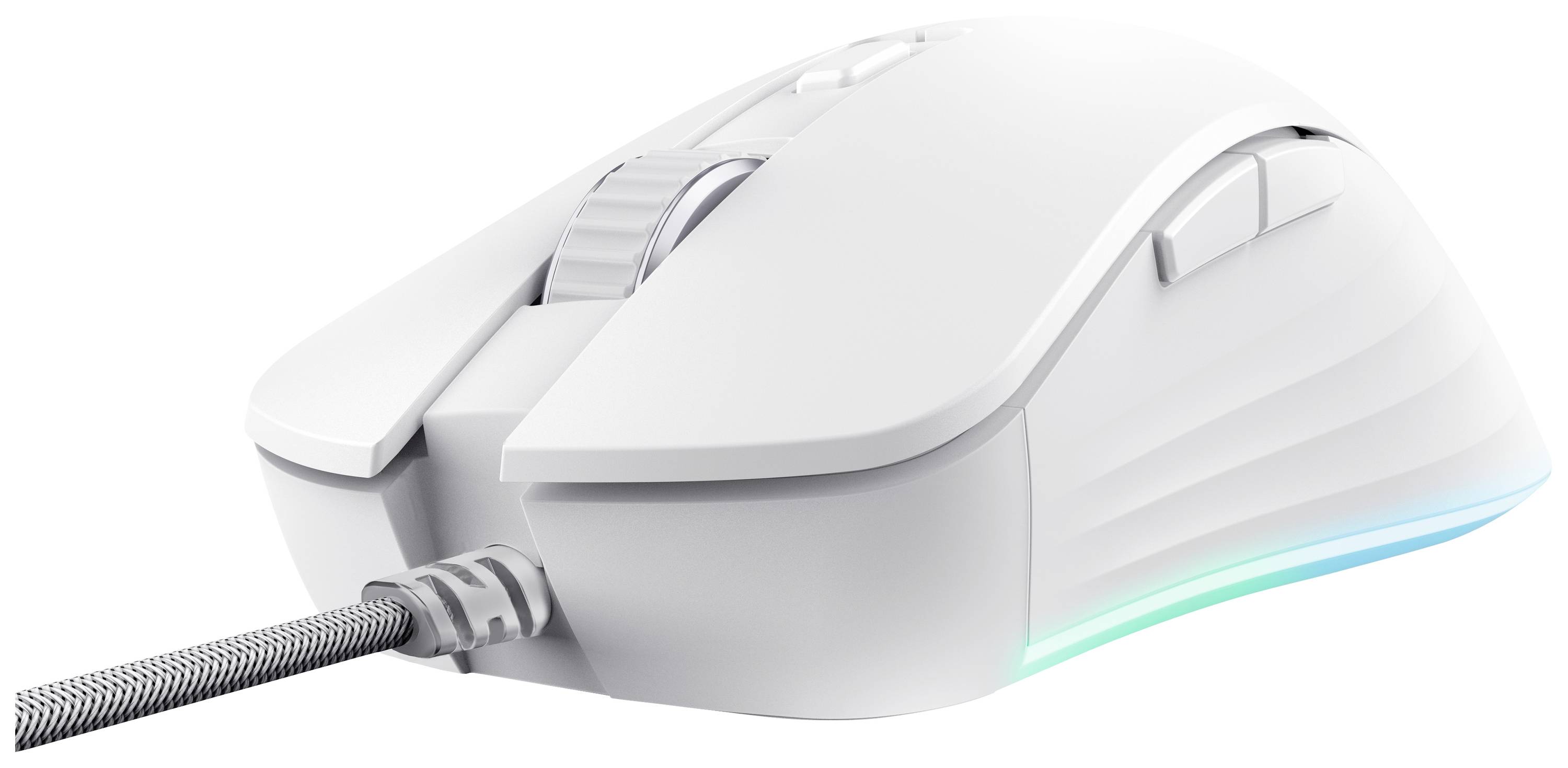 Weiße Gaming-Maus mit Kabel, ergonomischem Design und RGB-Beleuchtung an der Unterseite.