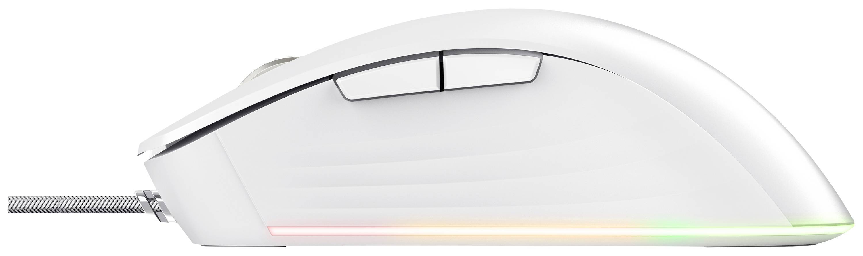 Weiße Computermaus mit Kabel und RGB-Beleuchtung an der Seite. Zwei Tasten und Scrollrad sichtbar. Moderne, ergonomische Form.