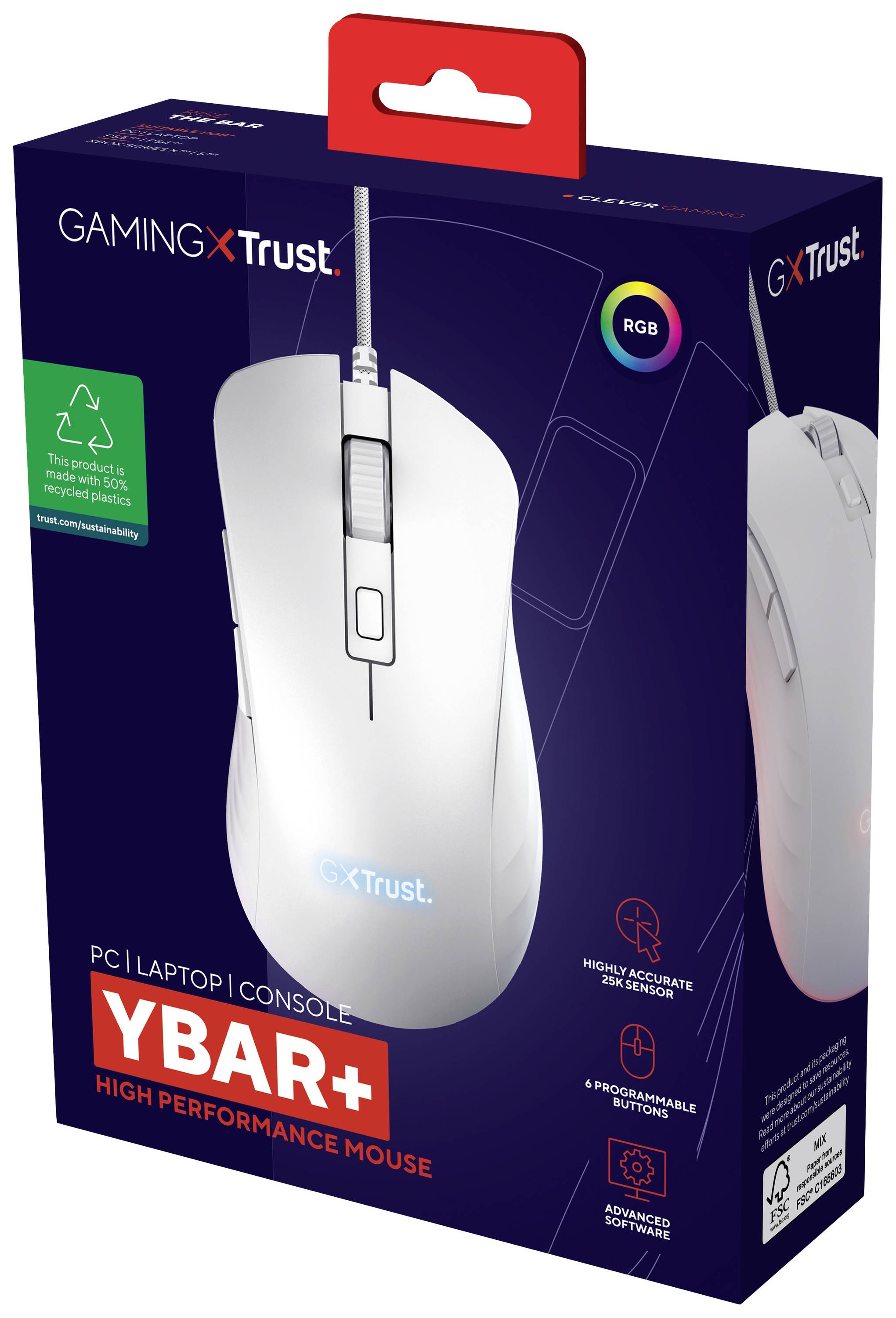 Weiße Gaming-Maus 'Ybar+' der Marke Trust in Verpackung, geeignet für PC, Laptop und Konsole; mit RGB-Beleuchtung und sechs Tasten.