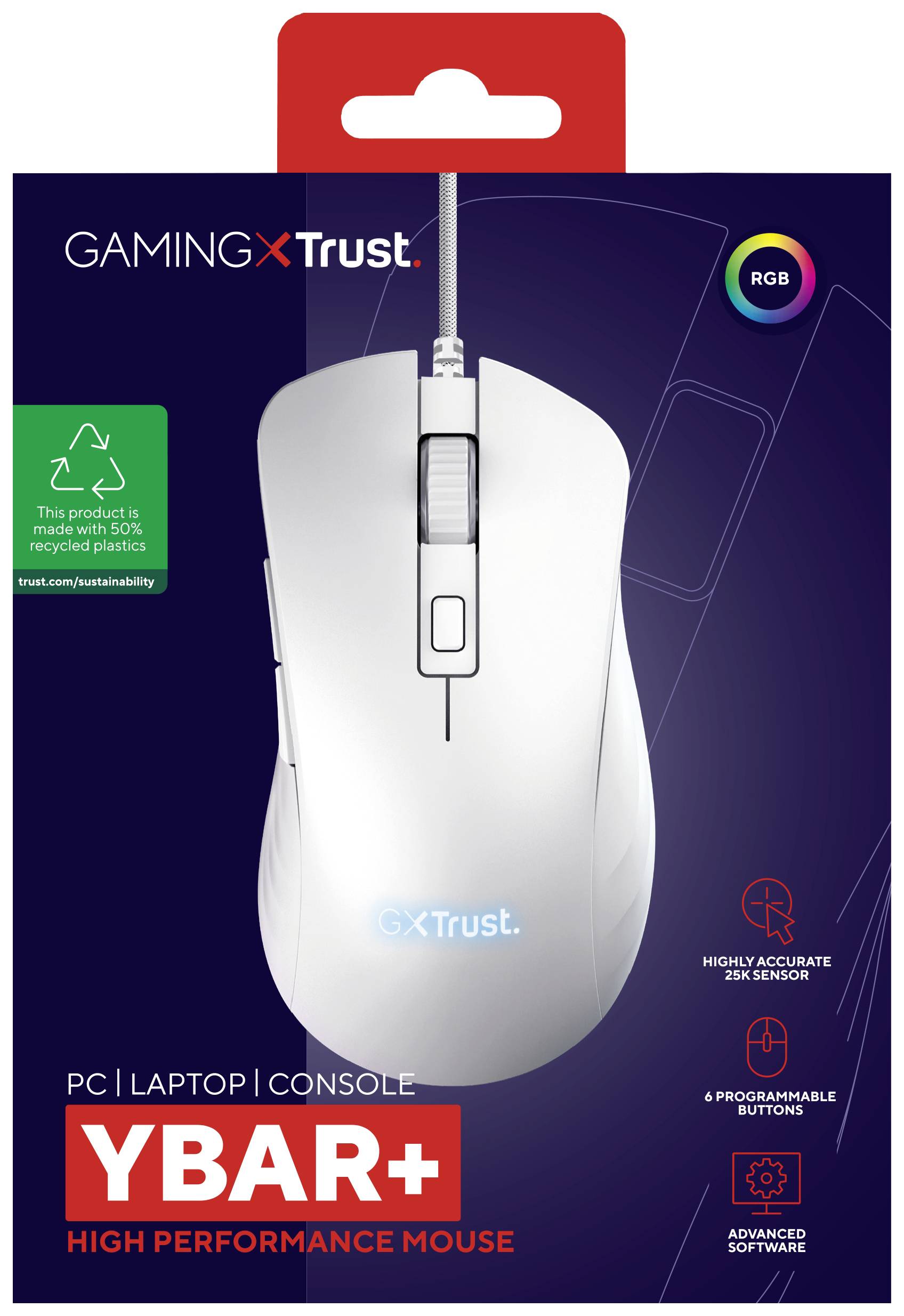 Gamingmaus 'YBAR+' von Trust. Hochpräzisions-25K-Sensor, 6 programmierbare Tasten, RGB-Beleuchtung. Kompatibel mit PC, Laptop, Konsole.