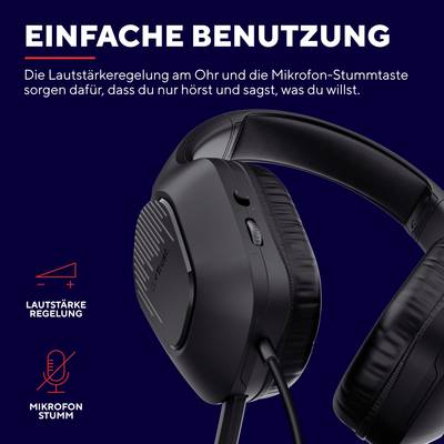 'Einfache Benutzung' steht oben. Darunter ist ein Headset abgebildet. Links Symbole für Lautstärke und Mikrofon, mit Beschriftungen.