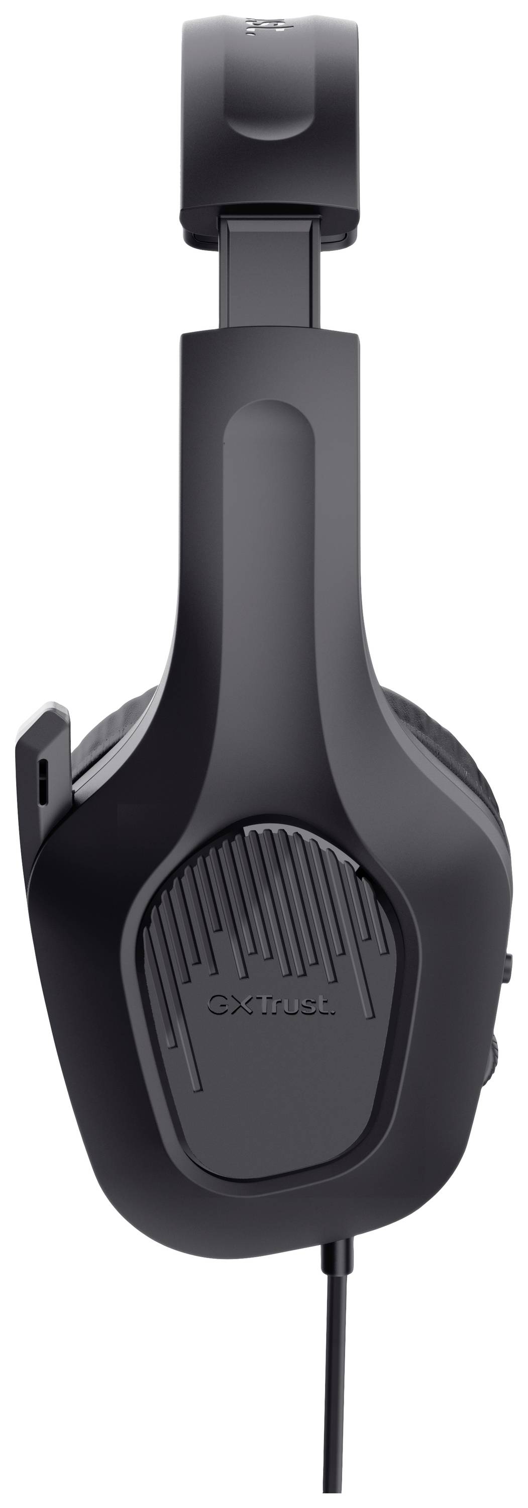 Schwarze Over-Ear-Kopfhörer von der Seite, mit gepolsterten Ohrmuscheln und verstellbarem Kopfbügel. Kabel führt nach unten.