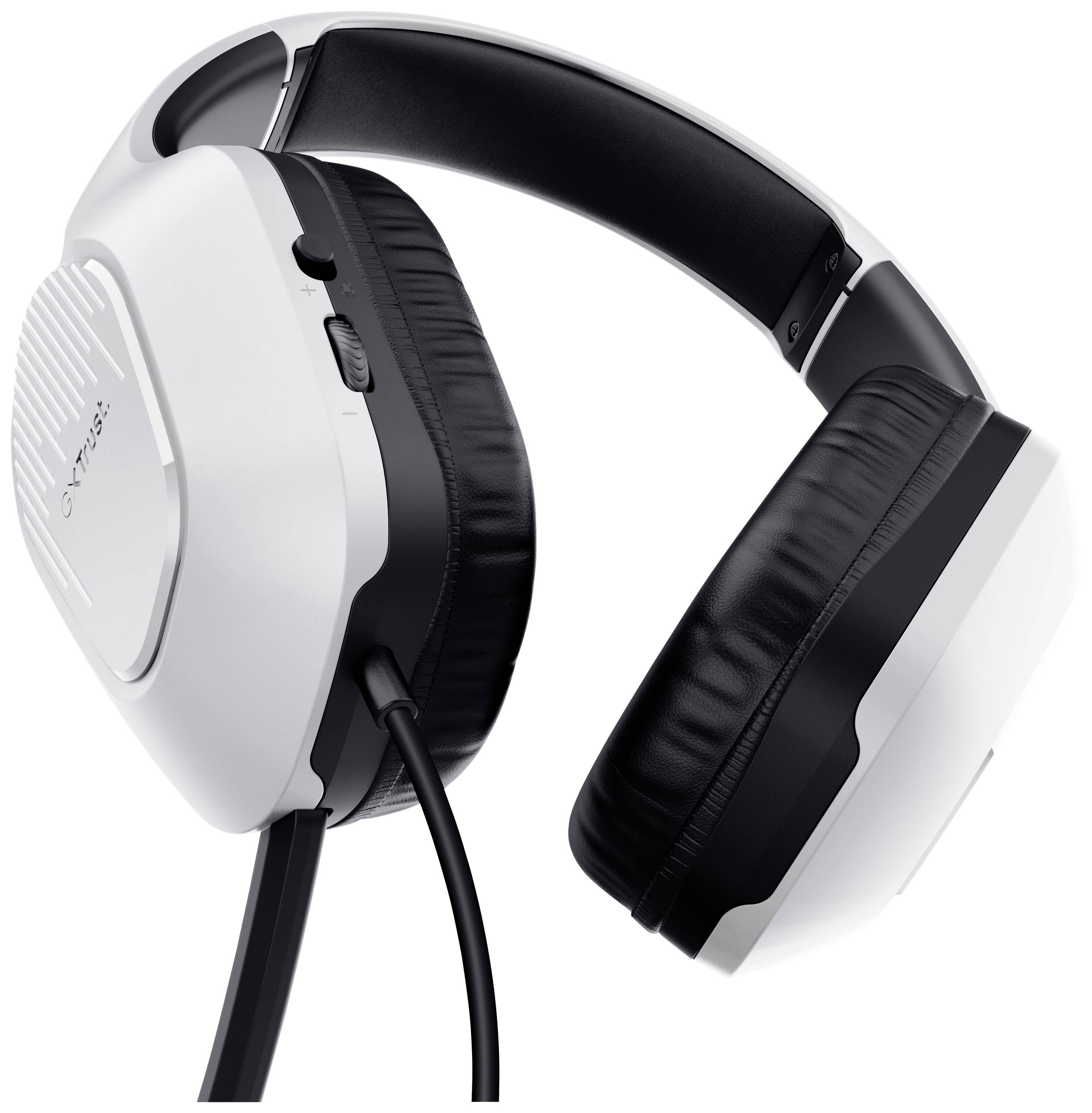 Weiße Over-Ear-Kopfhörer mit schwarzem Polster und Kabel. Seitenansicht zeigt Lautstärkeregler. Ideal für Musikgenuss oder Gaming.