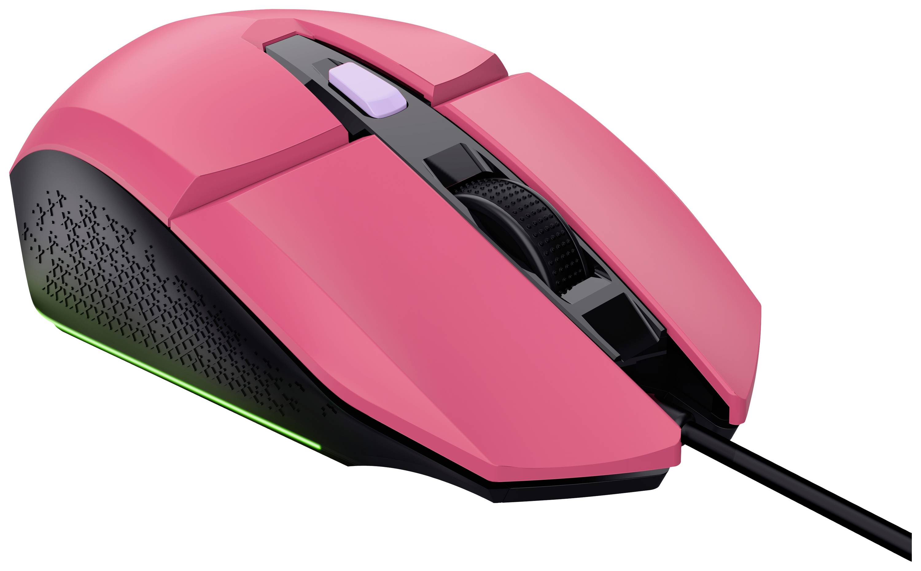 Computermaus in Rosa mit beleuchteten Akzenten, einem Rädchen in der Mitte, und einem Kabel, das vorne angeschlossen ist.