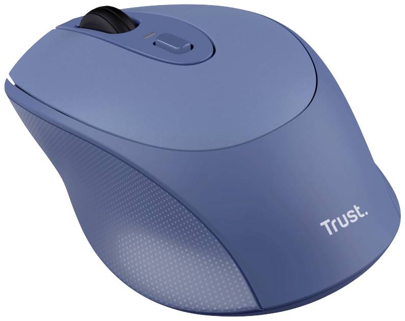 Kabellose blaue Computermaus mit ergonomischem Design und Scrollrad, geeignet für den alltäglichen Einsatz am Computer.