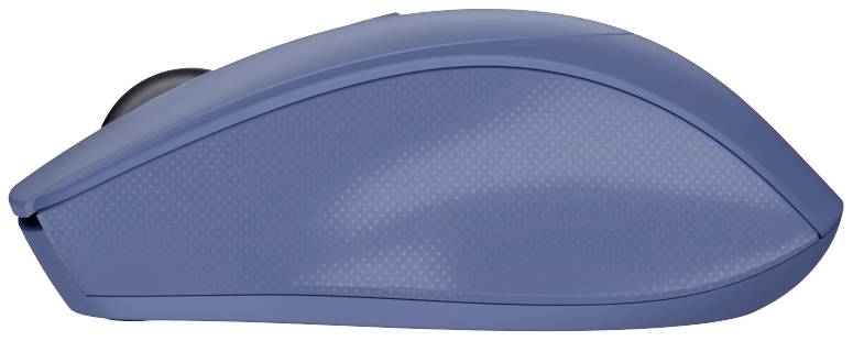 Blaue Computermaus, seitlich betrachtet. Ergonomisches Design mit glatter Oberfläche.